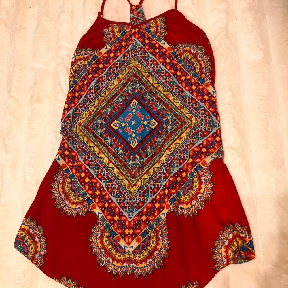 BeBop Red Multi-Color Mini Handkerchief Dress Small